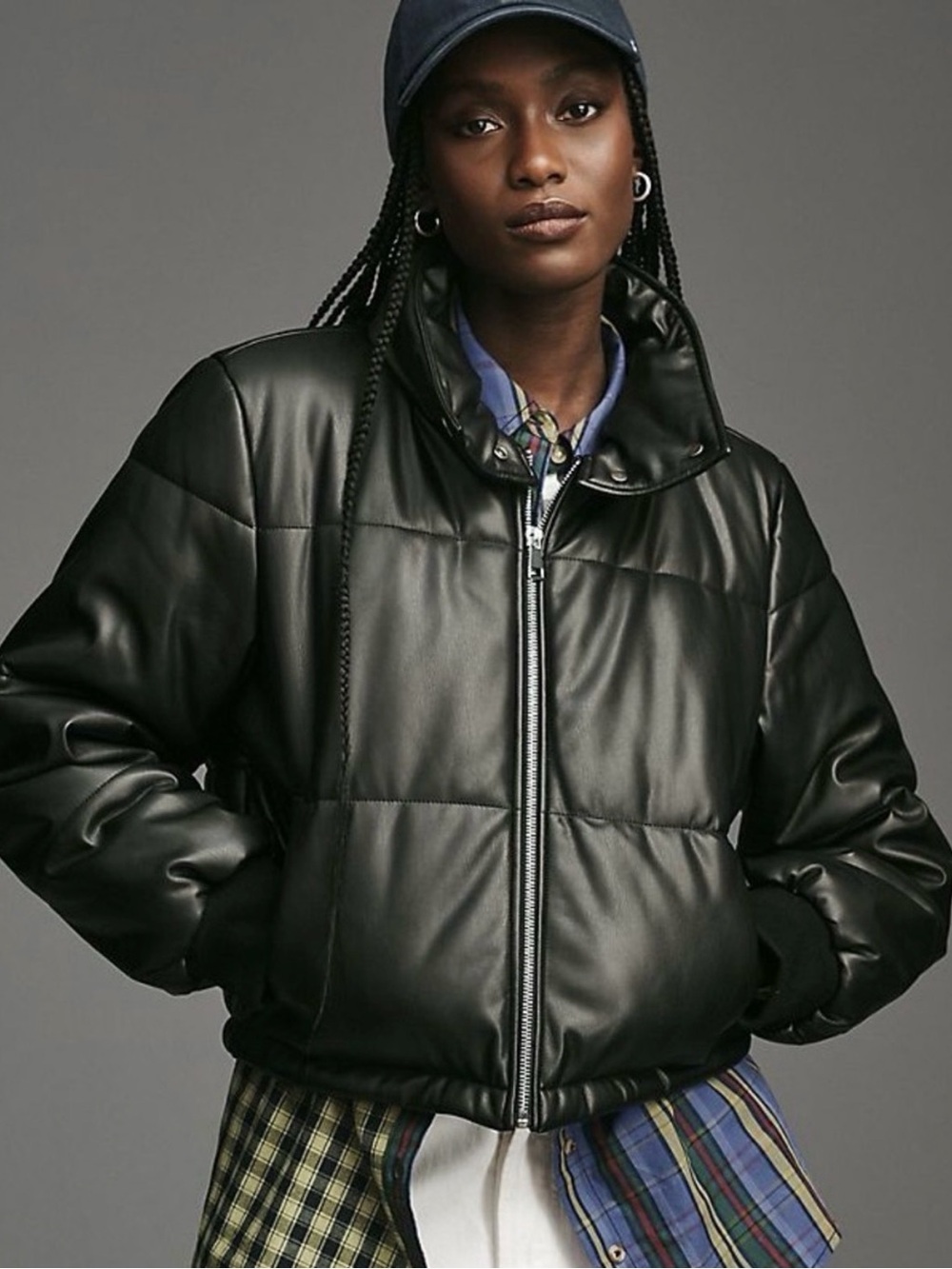 Anthropologie Black Faux-Leather Puffer Jacket